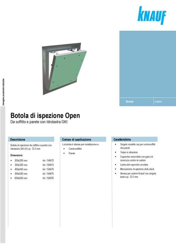 BOTOLA DI ISPEZIONE OPEN SP. 12,5 MM 500X500 MM - immagine 2