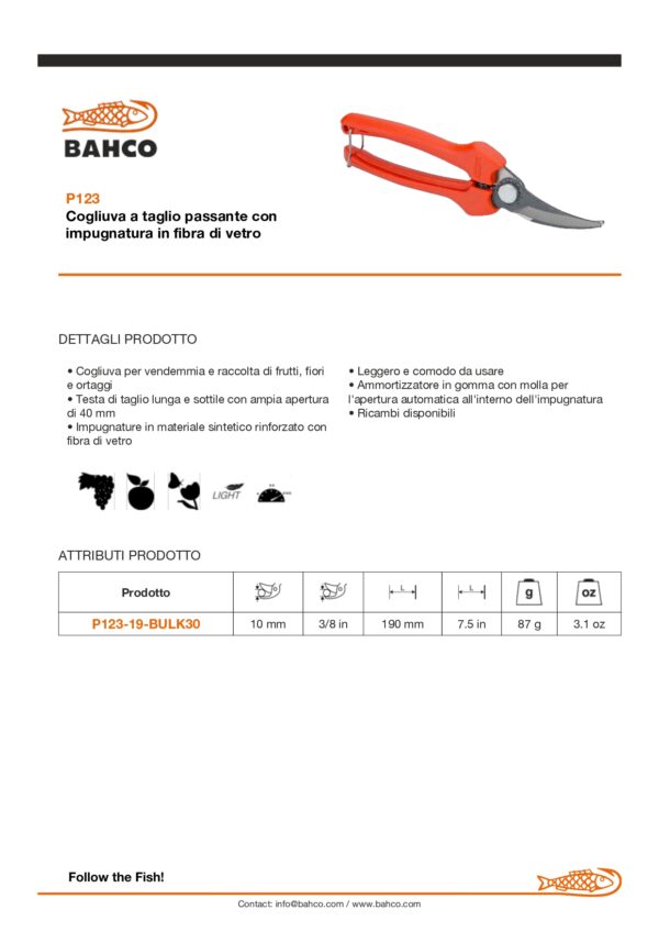 FORBICI BAHCO FORBICI COGLIUVA LAME CURVE P123-19 - immagine 2
