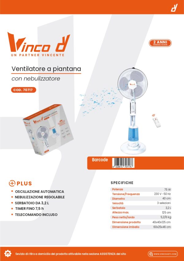 VENTILATORE NEBULIZZATORE VINCO 40CM 60W - immagine 2