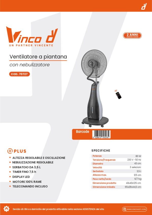 VENTILATORE NEBULIZZATORE VINCO 45CM 80W - immagine 2