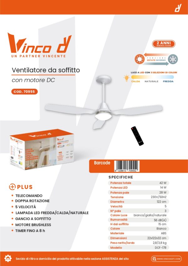 VENTILATORE  DA SOFFITTO VINCO MOTOR BLDC 3 PALE - immagine 2